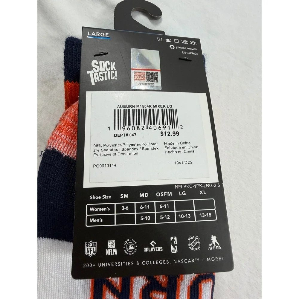 Socktastic Auburn Tigers NCAA Crew Socks Mens Large Orange Navy Blue M1504R